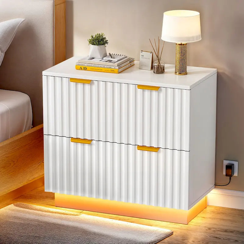 Classeur latéral à 2 tiroirs avec éclairage LED – Cadre doré, design cannelé