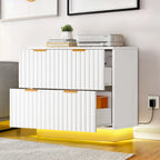 Classeur latéral à 2 tiroirs avec éclairage LED – Cadre doré, design cannelé
