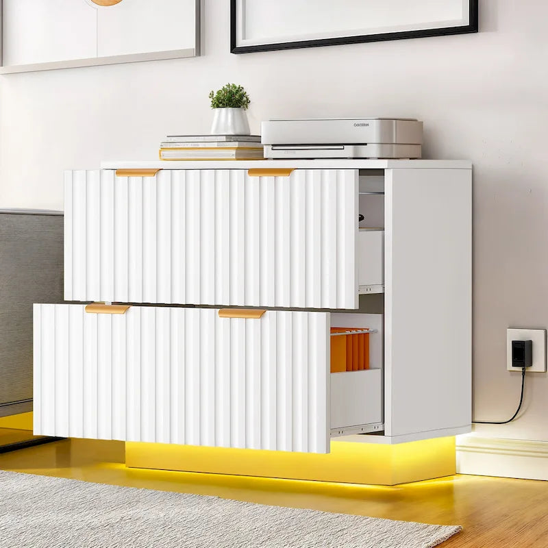 Classeur latéral à 2 tiroirs avec éclairage LED – Cadre doré, design cannelé