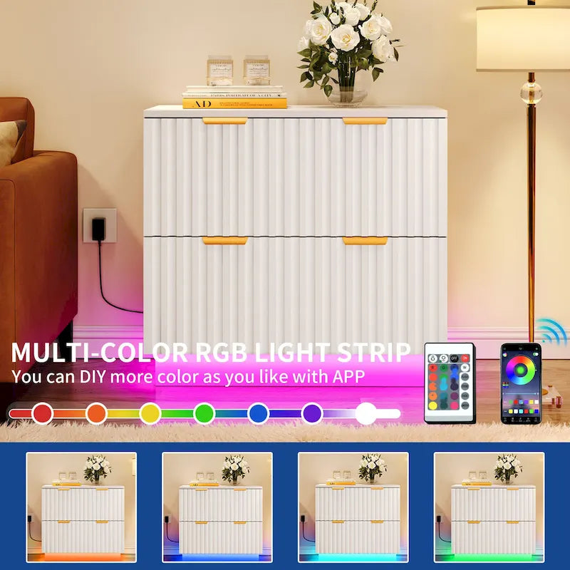 Classeur latéral à 2 tiroirs avec éclairage LED – Cadre doré, design cannelé