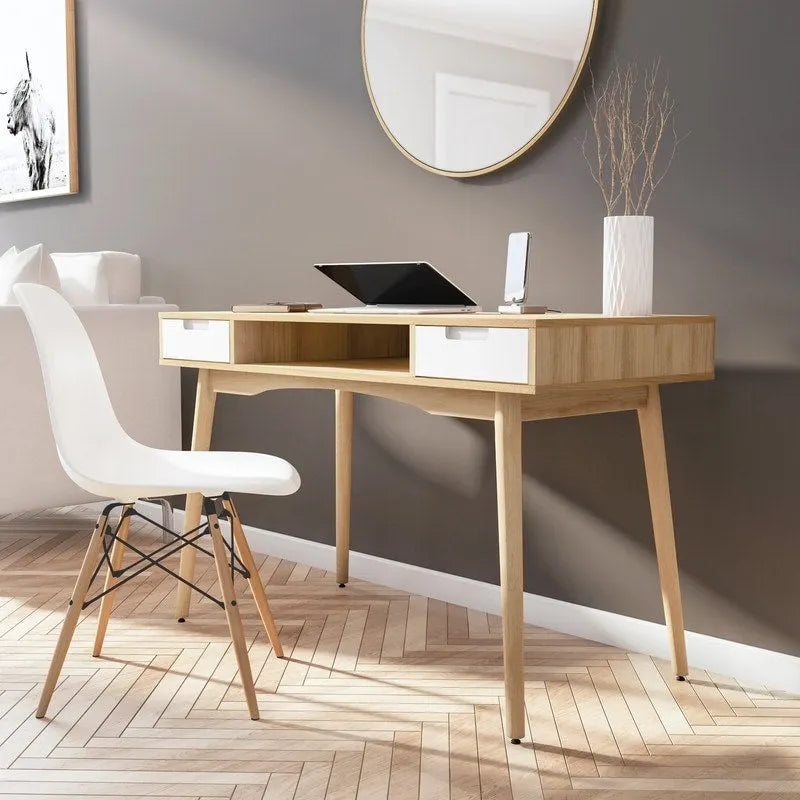 Bureau de travail moderne du milieu du siècle de 119 cm avec 2 tiroirs et une étagère ouverte