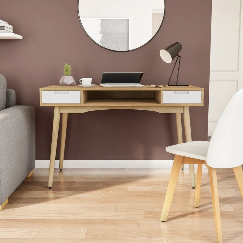 Bureau de travail moderne du milieu du siècle de 119 cm avec 2 tiroirs et une étagère ouverte
