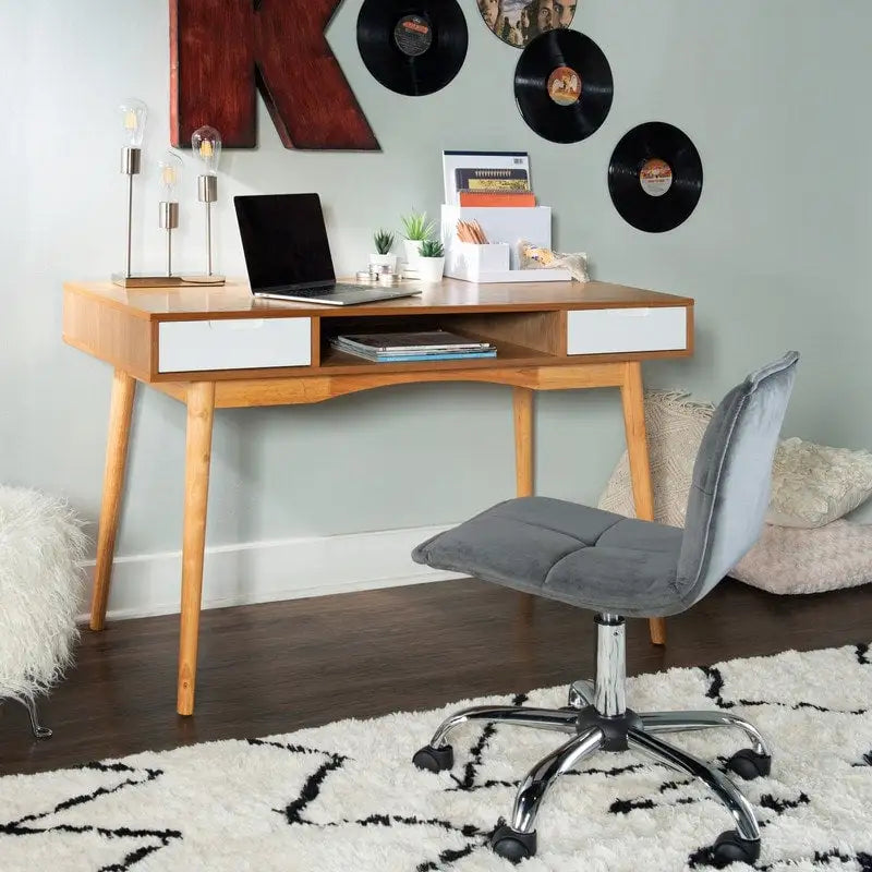 Bureau de travail moderne du milieu du siècle de 119 cm avec 2 tiroirs et une étagère ouverte