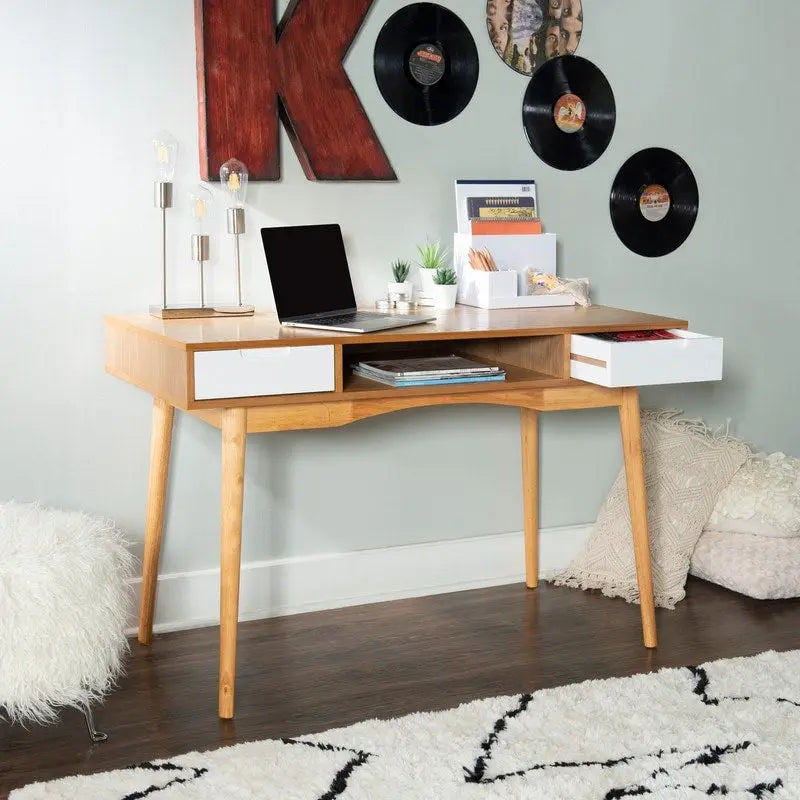 Bureau de travail moderne du milieu du siècle de 119 cm avec 2 tiroirs et une étagère ouverte