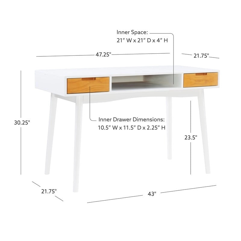 Bureau de travail moderne du milieu du siècle de 119 cm avec 2 tiroirs et une étagère ouverte