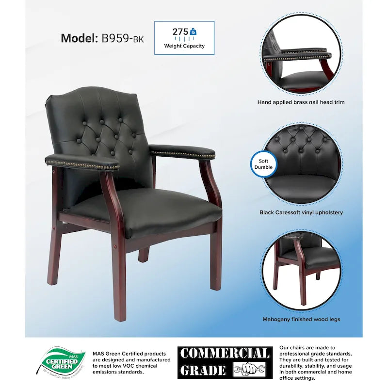 Chaise invitée noire traditionnelle – Dossier capitonné, clous décoratifs et accoudoirs rembourrés