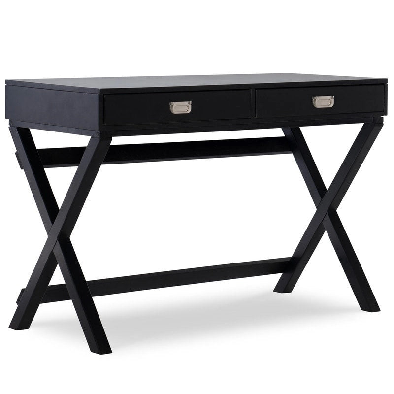 Bureau noir style campagne avec 2 tiroirs et pieds en X