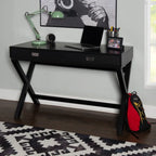 Bureau noir style campagne avec 2 tiroirs et pieds en X