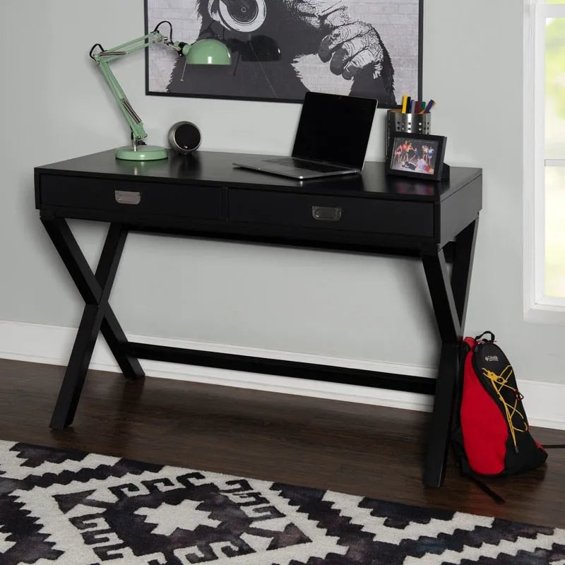 Bureau noir style campagne avec 2 tiroirs et pieds en X