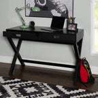 Bureau noir style campagne avec 2 tiroirs et pieds en X
