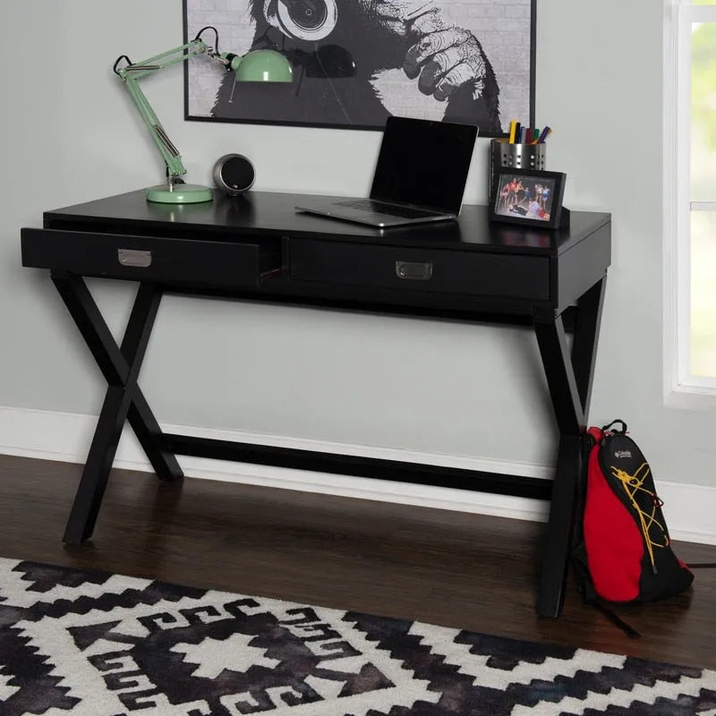 Bureau noir style campagne avec 2 tiroirs et pieds en X