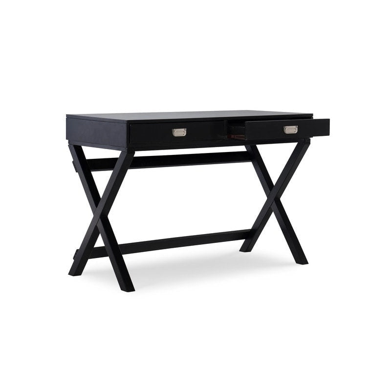 Bureau noir style campagne avec 2 tiroirs et pieds en X