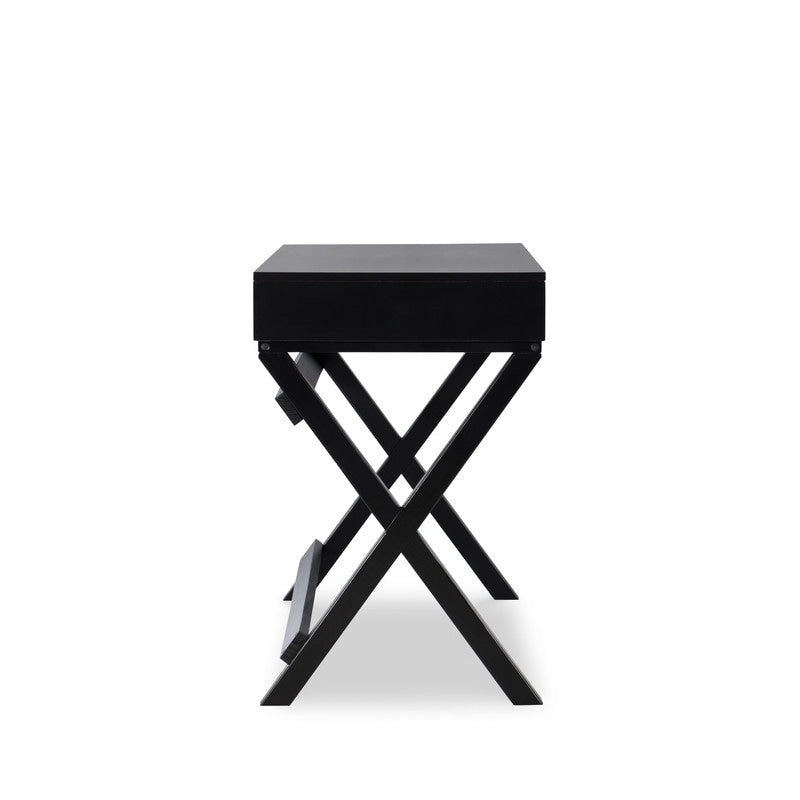 Bureau noir style campagne avec 2 tiroirs et pieds en X