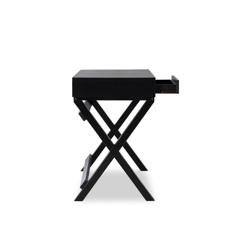 Bureau noir style campagne avec 2 tiroirs et pieds en X
