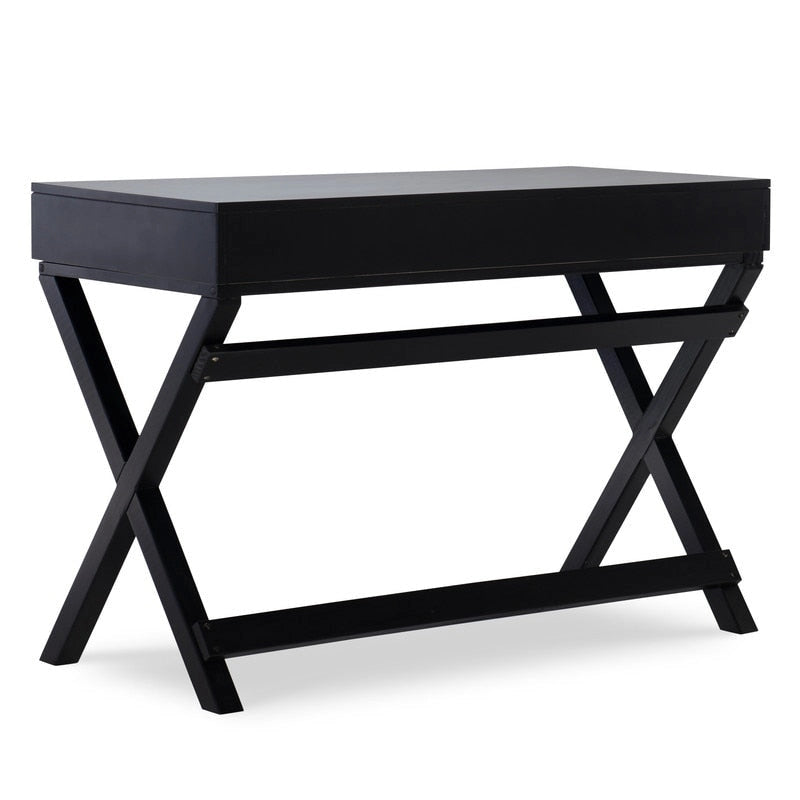 Bureau noir style campagne avec 2 tiroirs et pieds en X