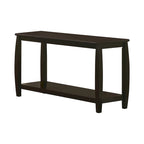 Table basse de salon en bois massif de style contemporain, légèrement arrondie, marron foncé