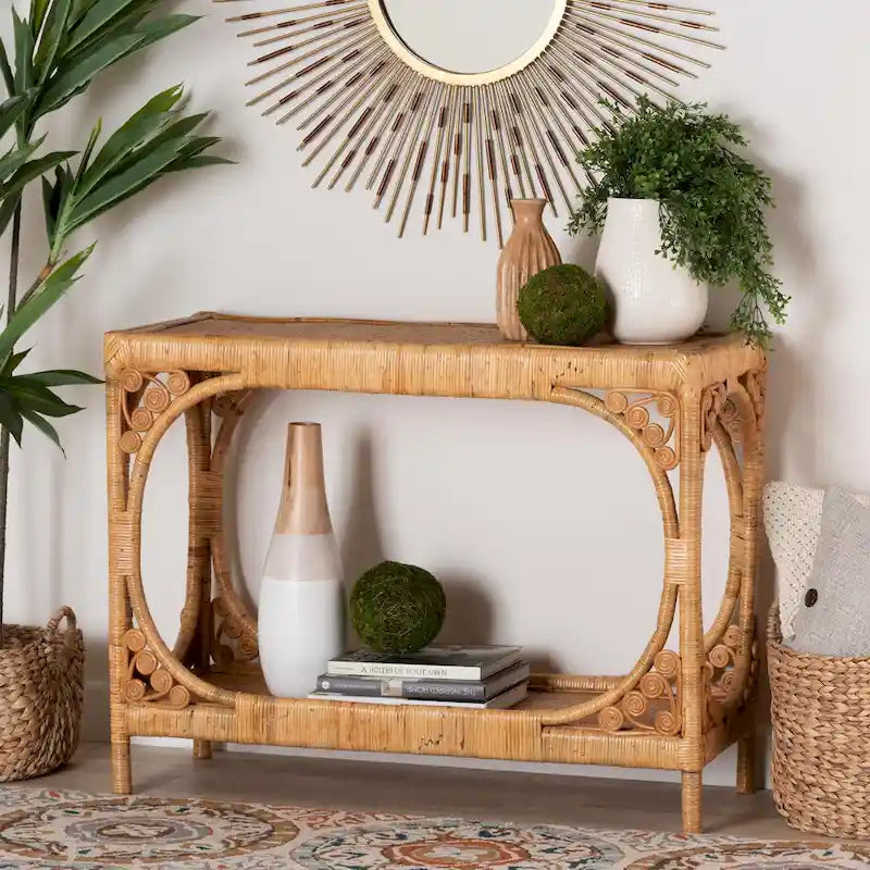 Console en rotin miel clair bohème moderne – Fabriquée à la main en Indonésie