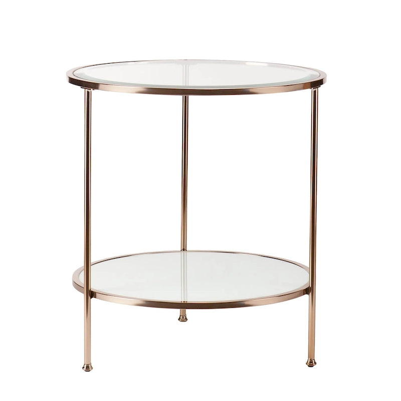 Table d'appoint ronde 26" en verre doré et fer avec étagère – 24.25x24.25x26.25