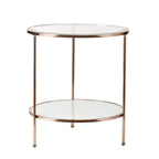 Table d'appoint ronde 26" en verre doré et fer avec étagère – 24.25x24.25x26.25