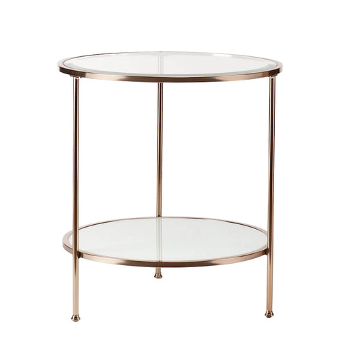 Table d'appoint ronde 26" en verre doré et fer avec étagère – 24.25x24.25x26.25
