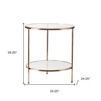 Table d'appoint ronde 26" en verre doré et fer avec étagère – 24.25x24.25x26.25