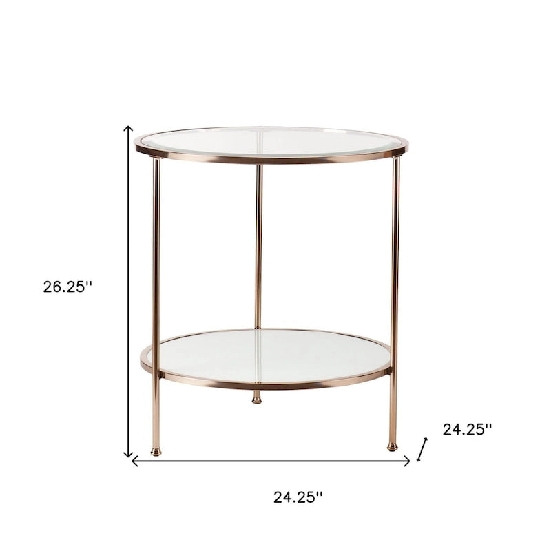 Table d'appoint ronde 26" en verre doré et fer avec étagère – 24.25x24.25x26.25