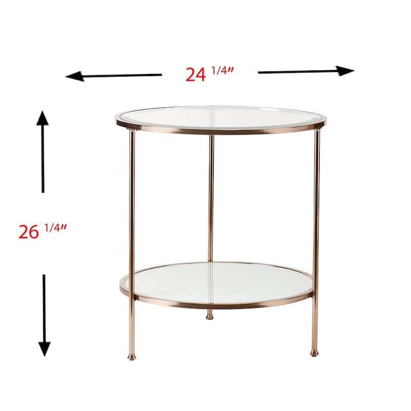 Table d'appoint ronde 26" en verre doré et fer avec étagère – 24.25x24.25x26.25