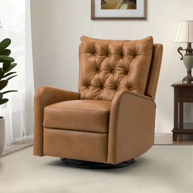 Fauteuil inclinable en cuir véritable style Mid-Century avec base en métal noir – Capitonnage, Clous décoratifs