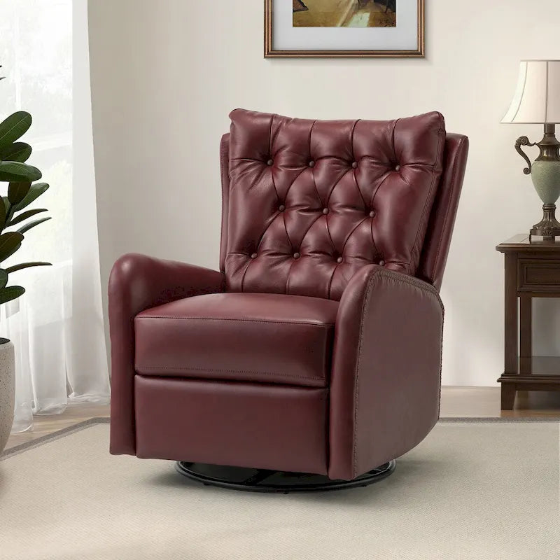 Fauteuil inclinable en cuir véritable style Mid-Century avec base en métal noir – Capitonnage, Clous décoratifs