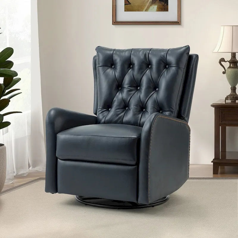 Fauteuil inclinable en cuir véritable style Mid-Century avec base en métal noir – Capitonnage, Clous décoratifs