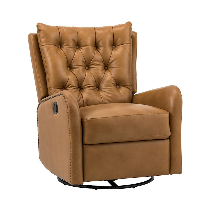 Fauteuil inclinable en cuir véritable style Mid-Century avec base en métal noir – Capitonnage, Clous décoratifs