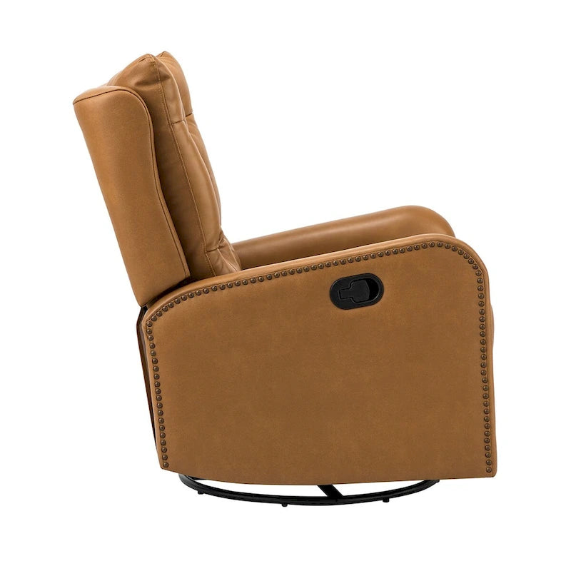 Fauteuil inclinable en cuir véritable style Mid-Century avec base en métal noir – Capitonnage, Clous décoratifs