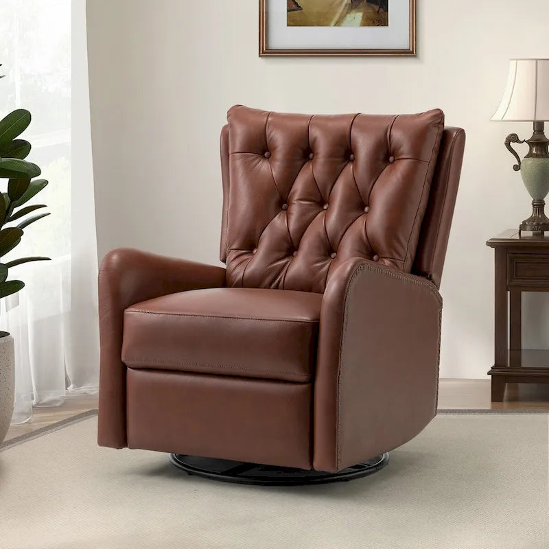 Fauteuil inclinable en cuir véritable style Mid-Century avec base en métal noir – Capitonnage, Clous décoratifs
