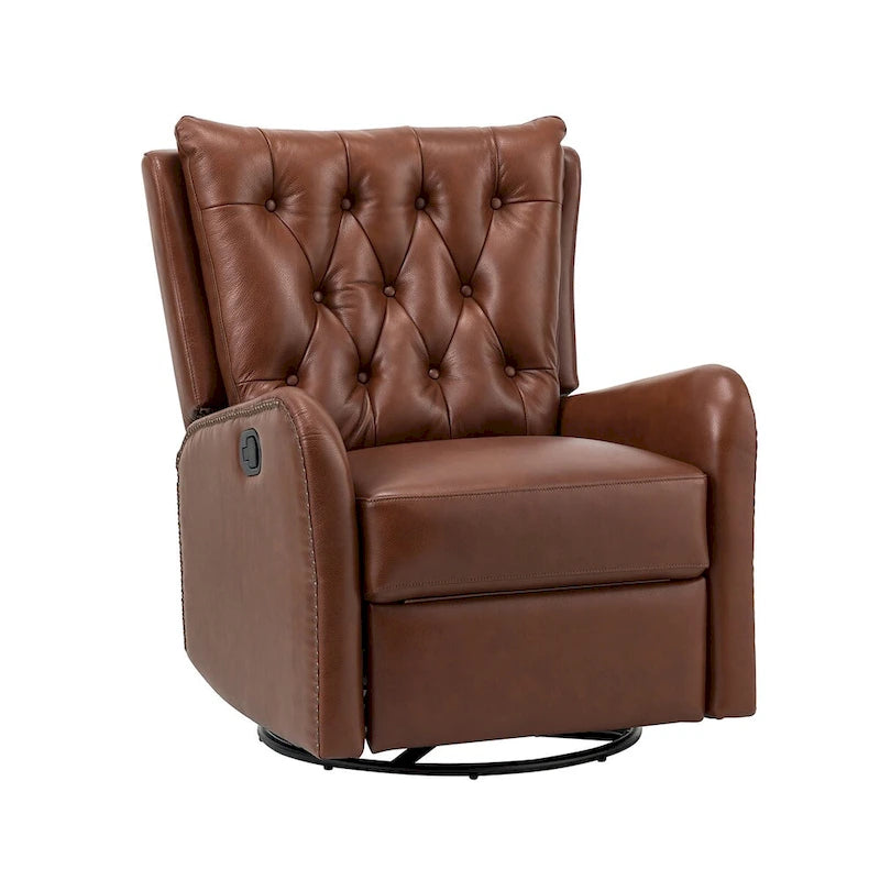 Fauteuil inclinable en cuir véritable style Mid-Century avec base en métal noir – Capitonnage, Clous décoratifs