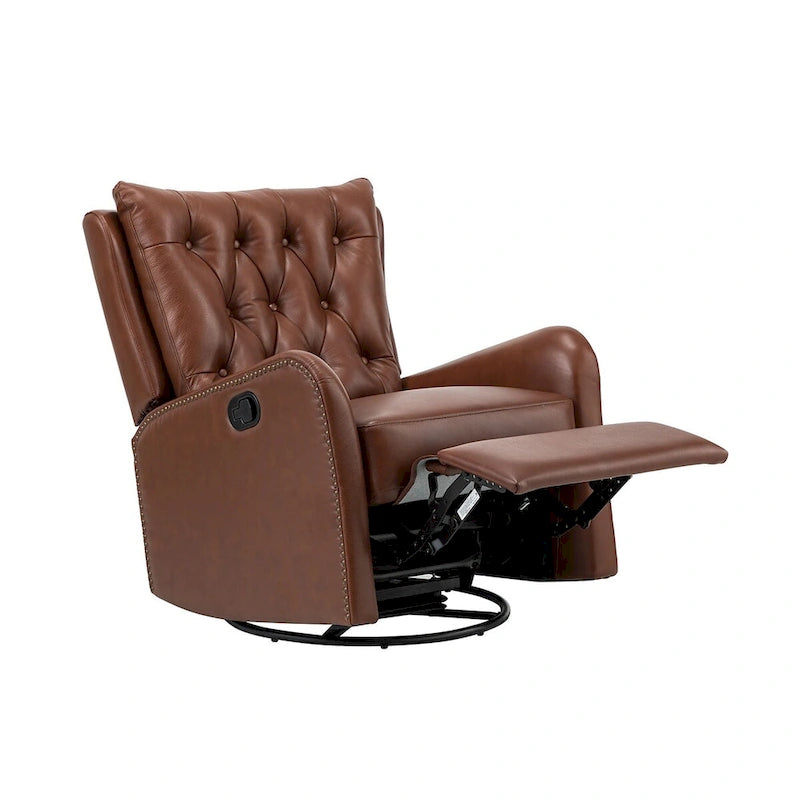 Fauteuil inclinable en cuir véritable style Mid-Century avec base en métal noir – Capitonnage, Clous décoratifs