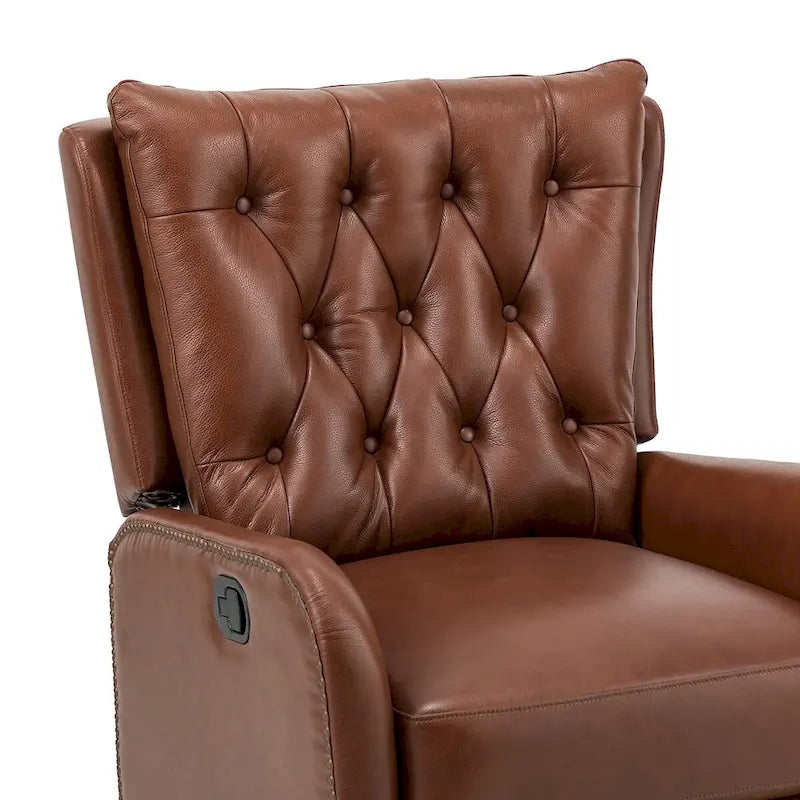 Fauteuil inclinable en cuir véritable style Mid-Century avec base en métal noir – Capitonnage, Clous décoratifs