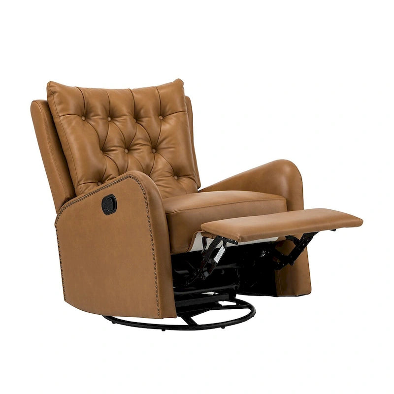 Fauteuil inclinable en cuir véritable style Mid-Century avec base en métal noir – Capitonnage, Clous décoratifs