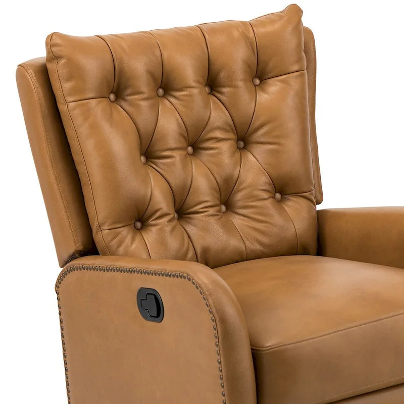 Fauteuil inclinable en cuir véritable style Mid-Century avec base en métal noir – Capitonnage, Clous décoratifs