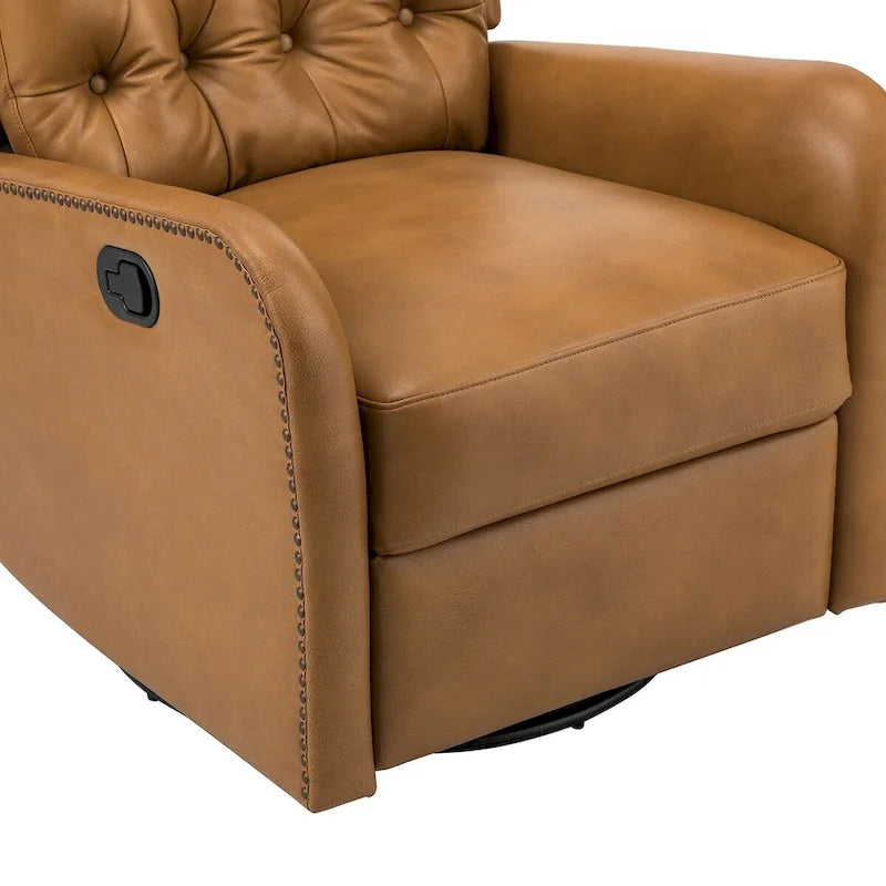 Fauteuil inclinable en cuir véritable style Mid-Century avec base en métal noir – Capitonnage, Clous décoratifs