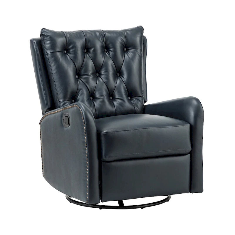 Fauteuil inclinable en cuir véritable style Mid-Century avec base en métal noir – Capitonnage, Clous décoratifs
