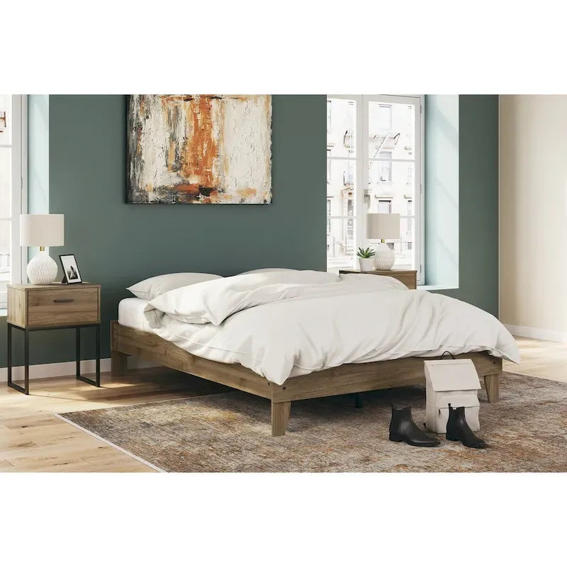 Lit plateforme miel brun – Bois composite avec finition grain de noyer