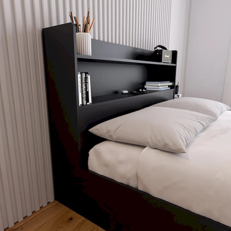 Tête de lit bibliothèque avec doubles étagères – Design de chambre moderne