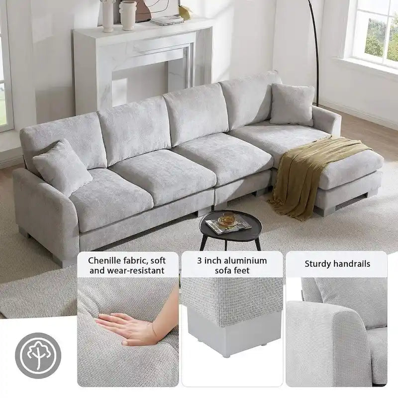 Canapé d'angle surdimensionné avec méridienne, Canapé d'angle en chenille en forme de L pour salon, appartement, bureau