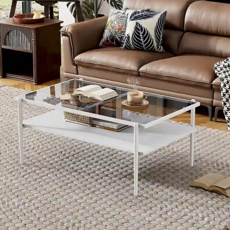 Table basse rectangulaire avec plateau en verre trempé, table moderne pour salon