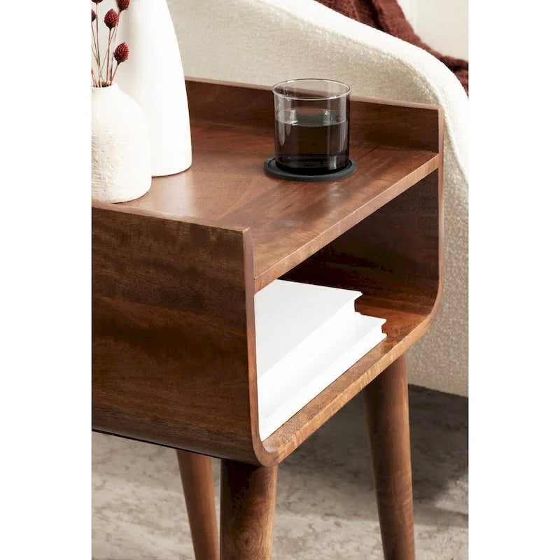 Table d'appoint en bois de manguier massif avec étagère – Brun noyer, 18x14x26 po.