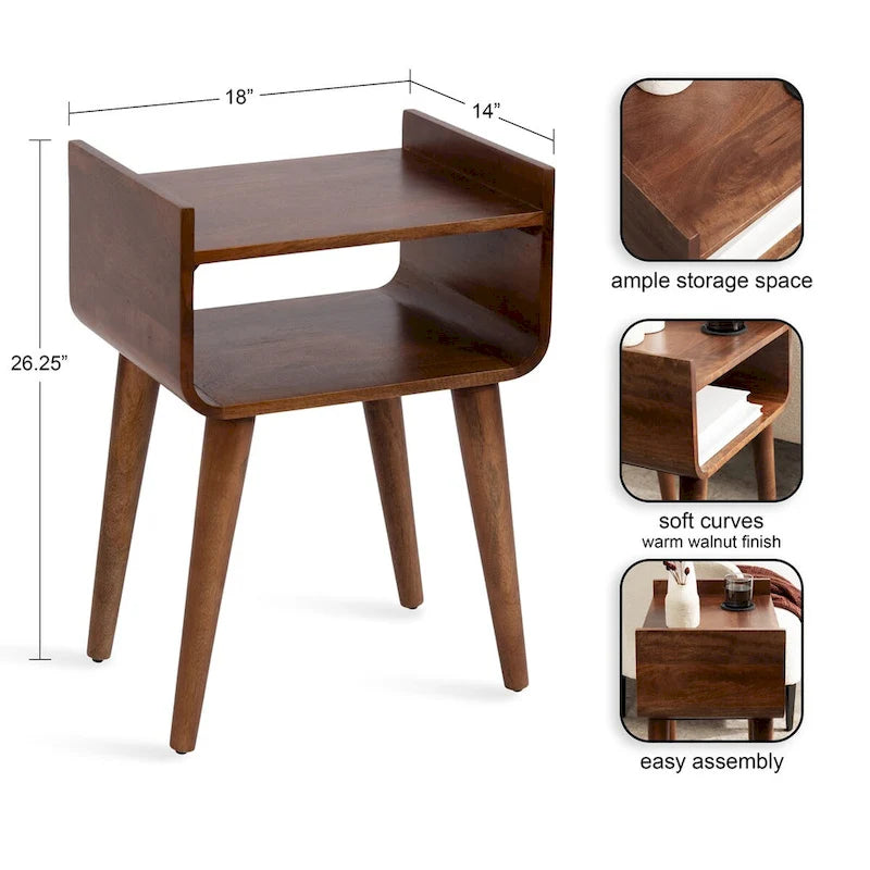 Table d'appoint en bois de manguier massif avec étagère – Brun noyer, 18x14x26 po.