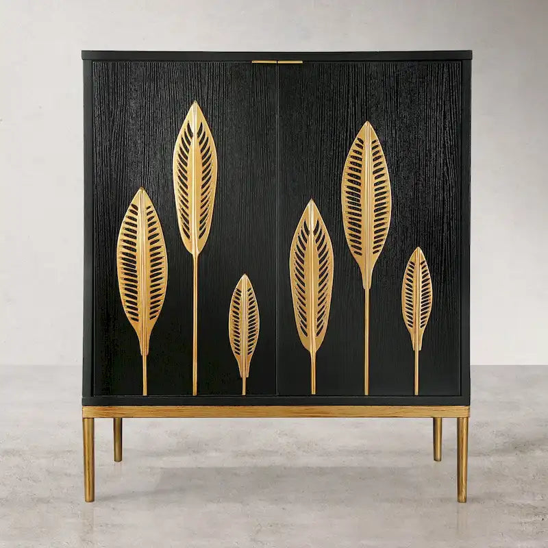 Bahut d'appoint 2 portes Mid-Century Modern avec étagère dorée antique