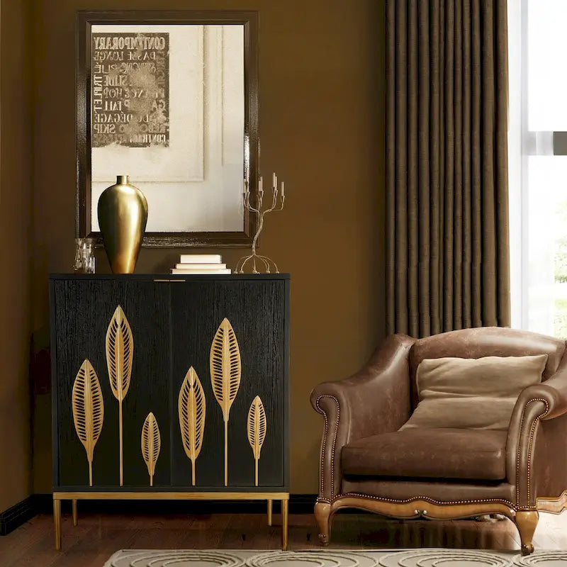 Bahut d'appoint 2 portes Mid-Century Modern avec étagère dorée antique