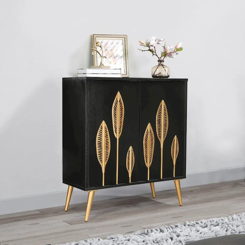 Bahut d'appoint 2 portes Mid-Century Modern avec étagère dorée antique