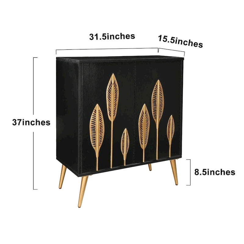Bahut d'appoint 2 portes Mid-Century Modern avec étagère dorée antique